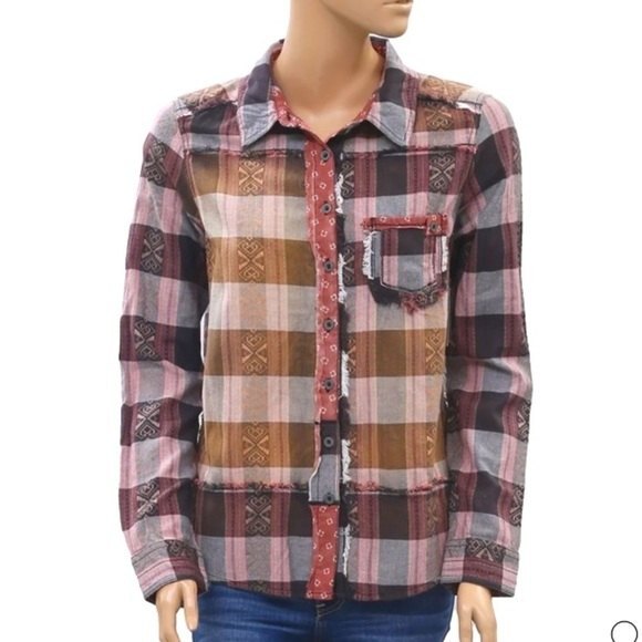 Free People We the Free Embroidered Plaid Shirt with Exposed Raw Seams S - Picture 14 of 14